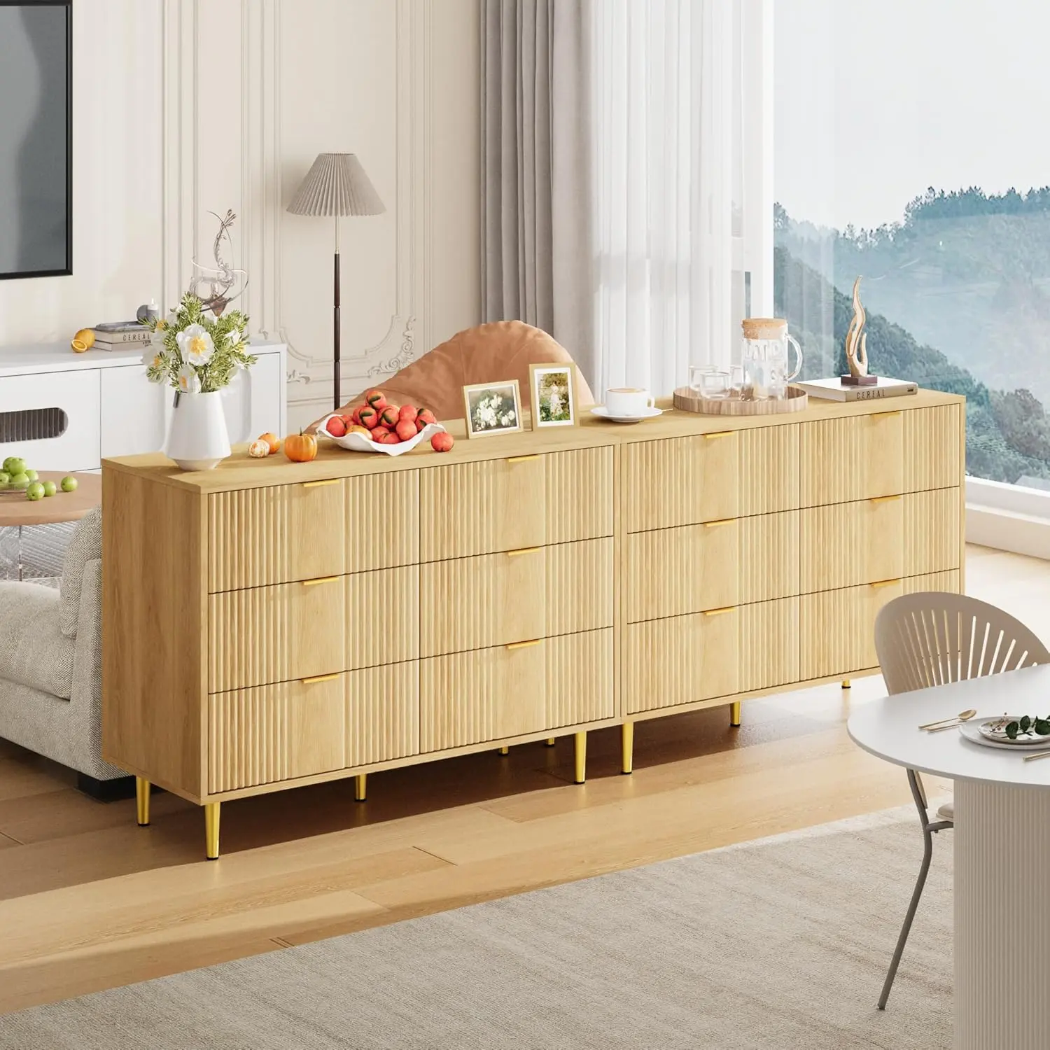 Modern Fluted Tall Dresser for Bedroom - 4 or 5 or 6 Drawers - Space-Saving Wooden Chest with Metal Handles - Clothes Organizer for Bedroom, Living Room, or Hallway - White/Olive Green