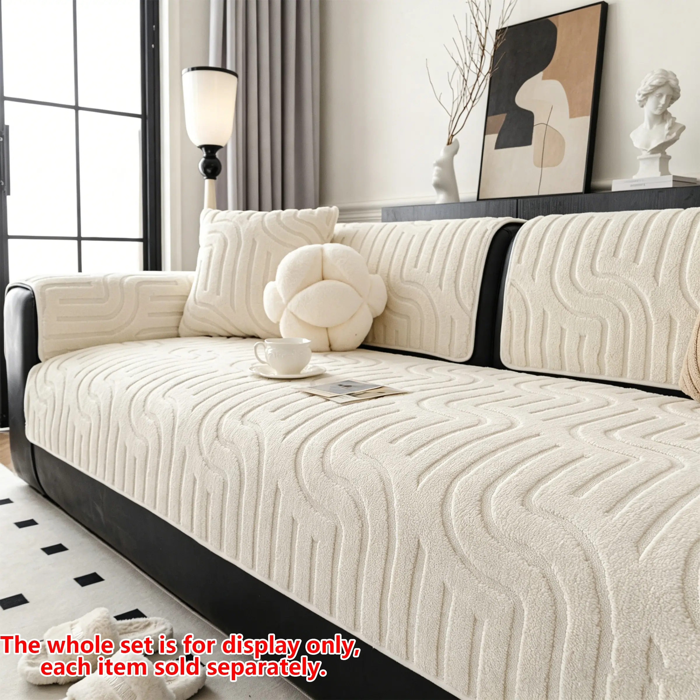 1pc Solid Wave Pattern Plush Sofa Pad, Non-Slip, Scratch-Resistant, Pet-Friendly, Fits Straight, L-Type Sofas, All Seasons