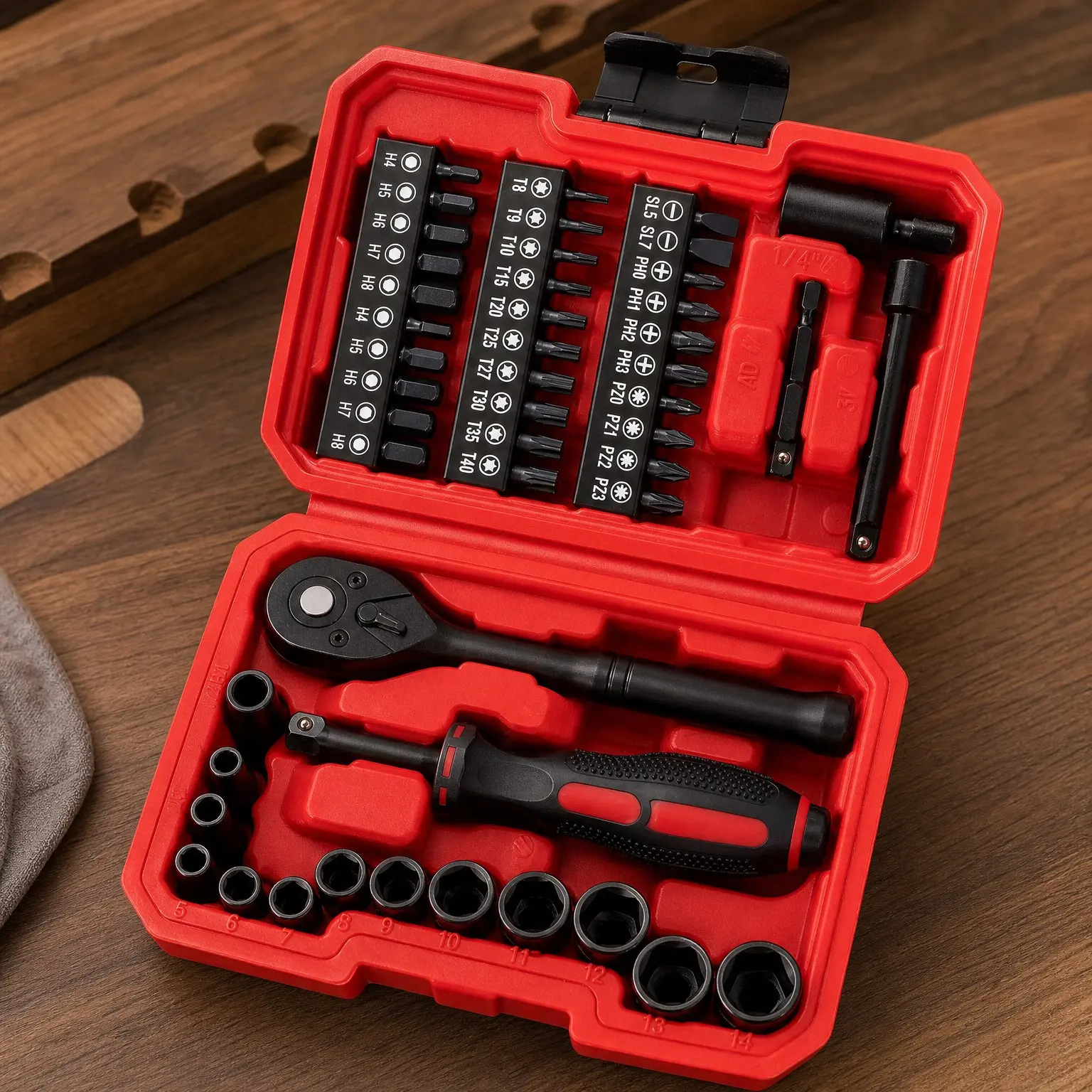 48-Piece 1/4" Drive Mini Ratchet Socket Wrench Set with Metric Shallow Sockets (4-14mm), Screwdriver Bits, Universal Joints, 3" Extensions for Auto Repair, Motorcycle, Home DIYGift