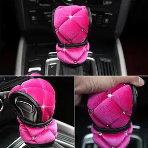 1pc Cute Rhinestone Car Gear Shift Cover Soft Puff Plush Auto Gear Shift Knob Case Car Accessories Diamond Interior Decoration