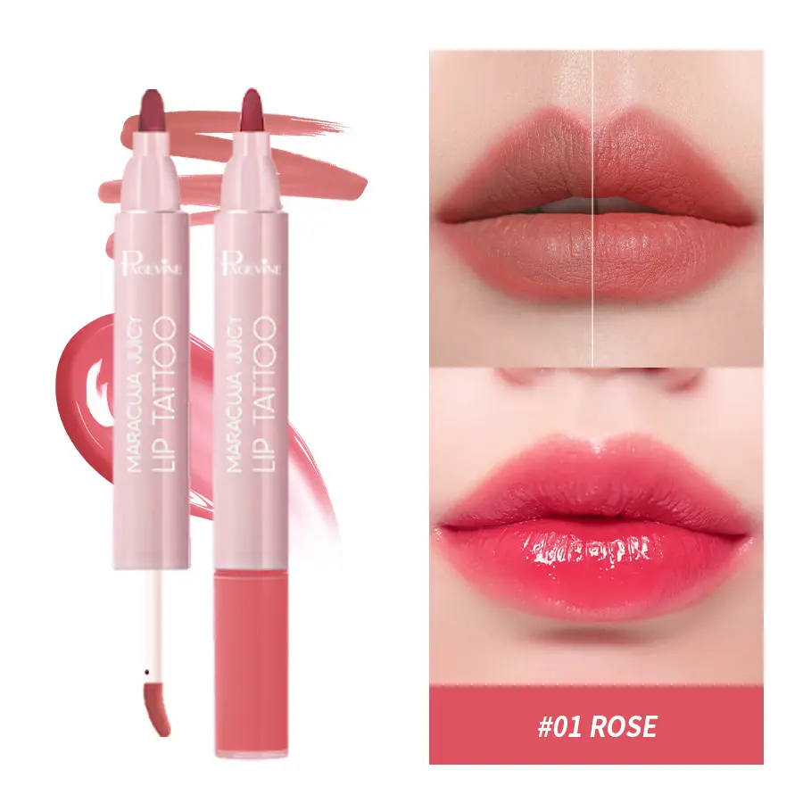 Long-wear 2-in-1 lip stain with Long Lasting Matte nude and glossy rose, pigment locks into lip lines to avoid cup stain. Two looks in one, ideal portable lip cosmetic for travel and outdoor touch-ups. Lip Products Makeup