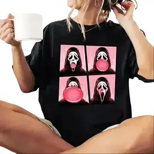 [100% Cotton] Ghostface Bubble Pink Gum Halloween Shirt, Scream Movie Halloween Shirt Top Womenswear Country Concert Outfits Vintage Graphic Tees Ghostface Summerween Comfort Shirt Halloween  Crewnecks Top Black Casual  Golf Gift T-Shirt For Men And Women
