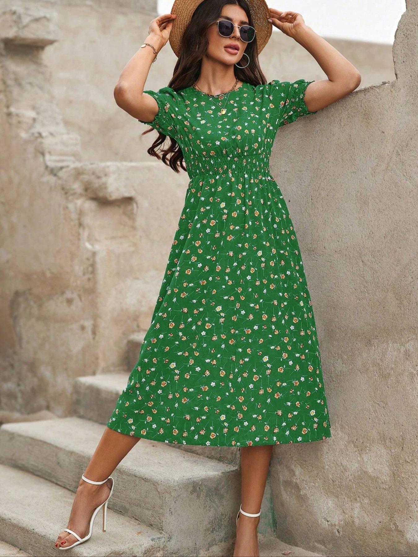 Women's Floral Print Bubble Hem Dress, Round Neck Waist Cinched Design, Boho Style Midi Skirt, Fitted Short Sleeve, All Seasons
