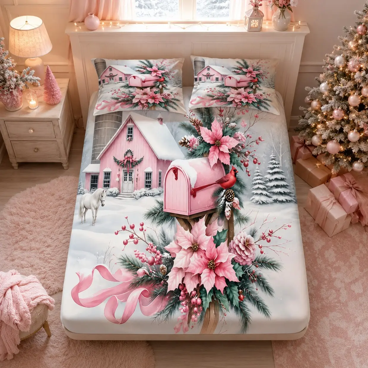 3-Piece Pink Tone Christmas Snow Cabin Fitted Sheet Set (1 Fitted Sheet + 2 Pillowcases, Pillow Inserts Not Included), Christmas Bedding Gift for Teens & Adults, Sizes Available in Single, Double & Extra Large