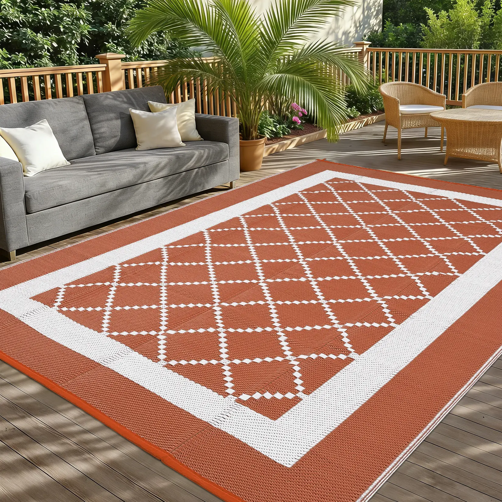 Waterproof Reversible Outdoor Patio Rug - 10x20ft Large Plastic Straw Carpet - Durable, Easy to Clean, Non-Slip, Multi-Use for Patio, Deck, Balcony, Pool, RV, Camping - Orange Terracotta/White (US Spec)