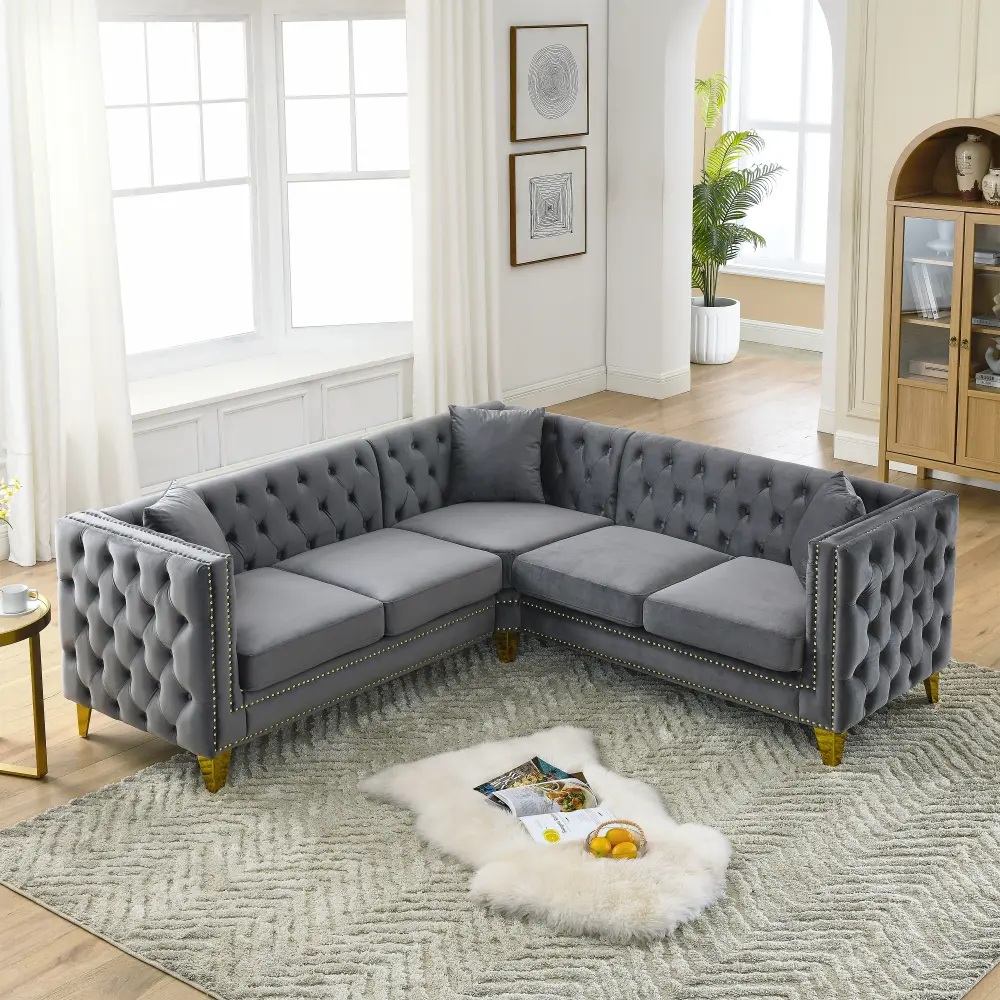 Modern 82.2-Inch Fixed Velvet L-Shaped Sectional Sofa, 5-Seat Cushioned Tufted Corner Couch with 3 Cushions for Living Room, Apartment