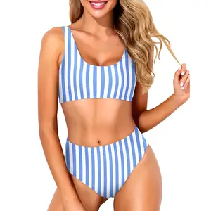 Tempt Me Women Two Piece Scoop Neck Bikini Crop Top High Cut Swimsuit Sporty High Waisted Bathing Suit with Bottoms