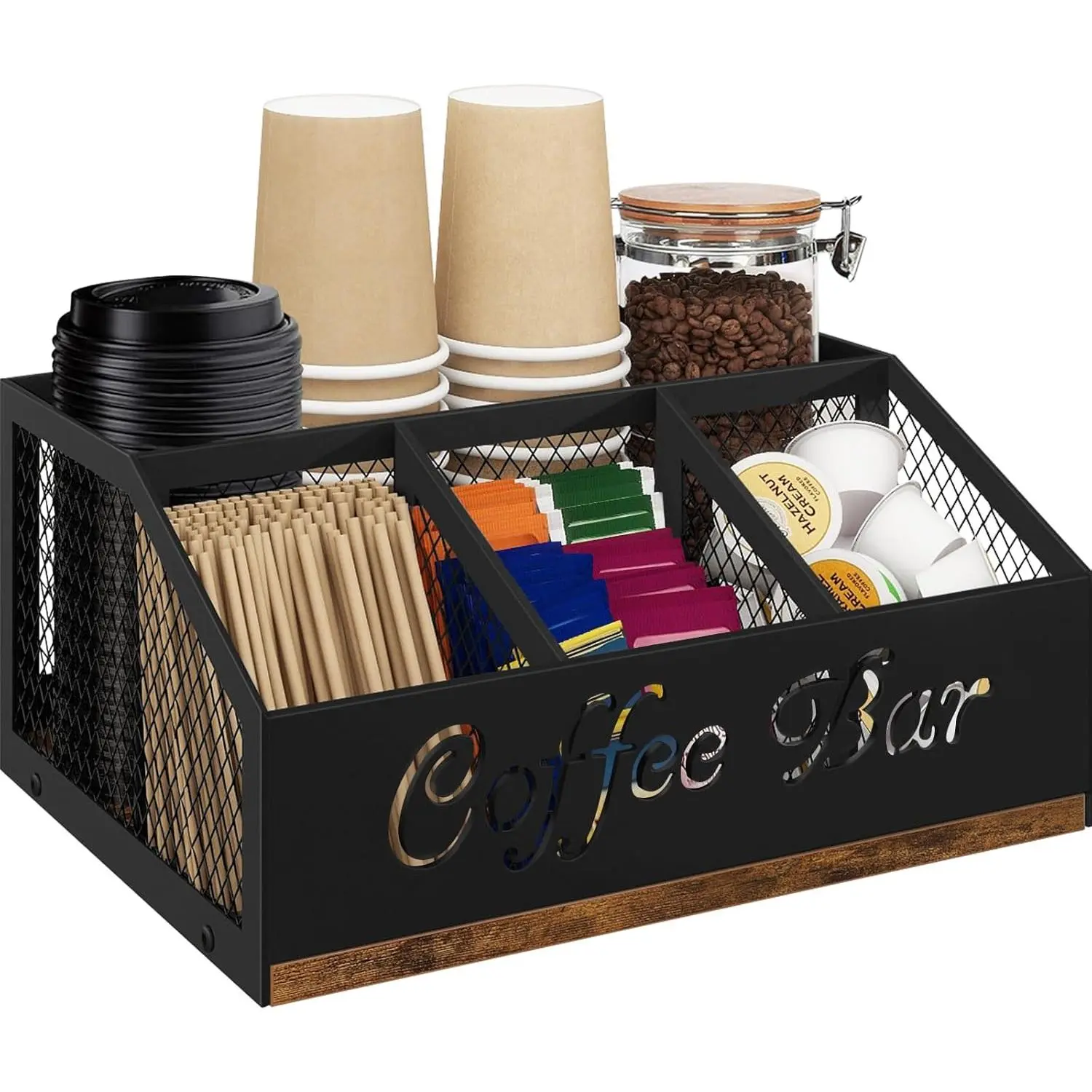 Coffee Station Organizer, Rustic Brown Wooden Countertop Coffee Bar Accessories Organizer with Metal Mesh Compartments for Pods, Syrup, Cups, Stirrer, Tea