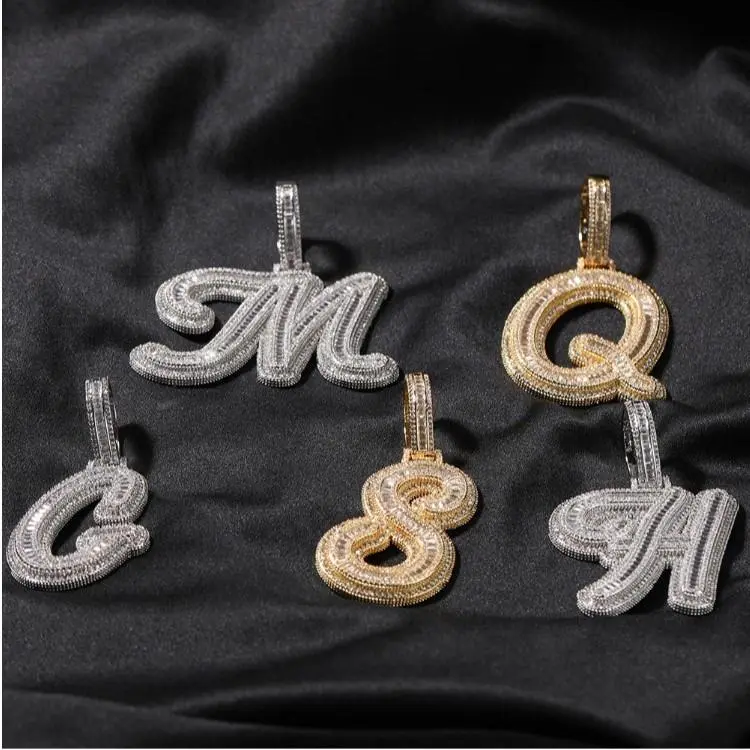 IH Iced Out Cursive Initial Letter B Pendant Necklace 18K Gold Plated Natural Sri Lanka Zircon Hip Hop for Men Women Gift