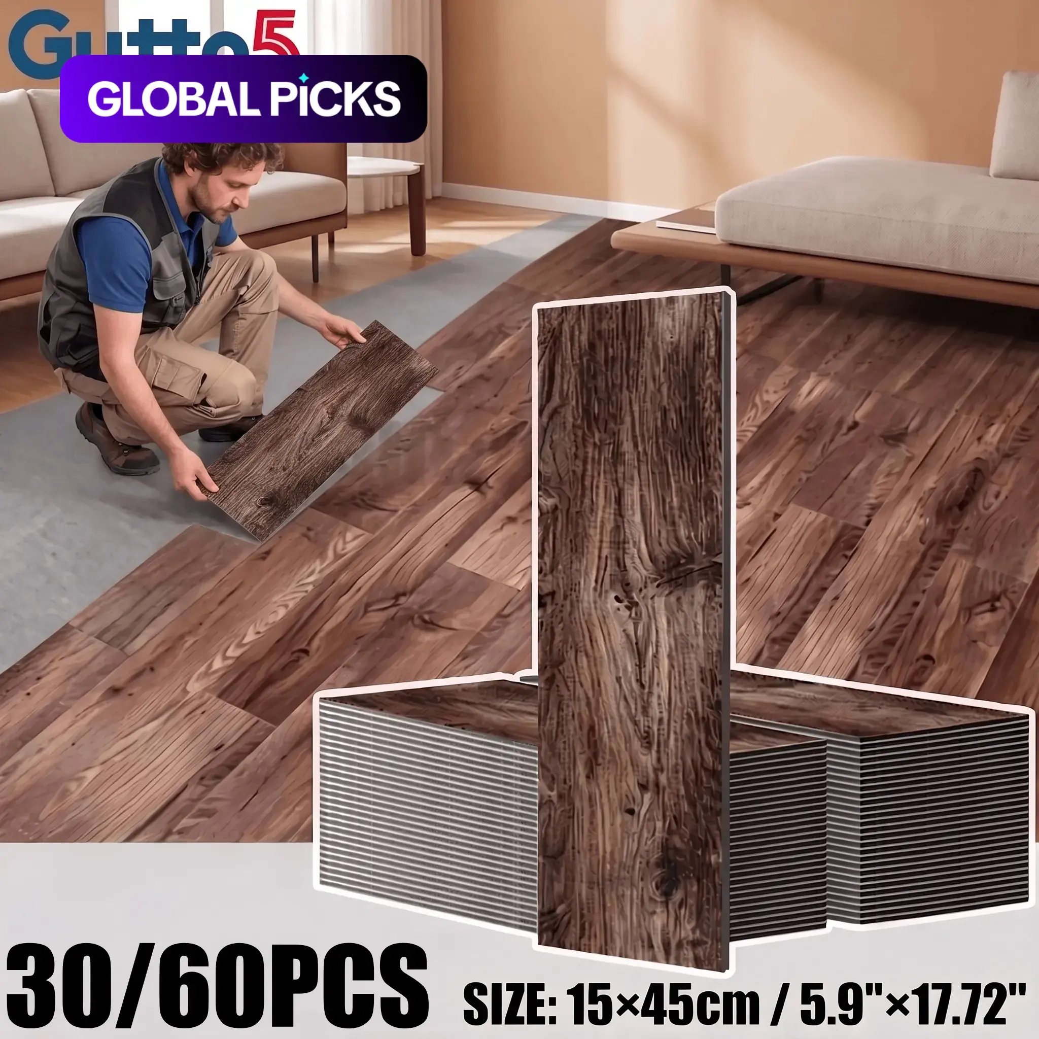 30/60pcs Pcs Waterproof Peel & Stick Vinyl Flooring Tiles Suitable, Bathroom, Living Room - Thickened Self-Adhesive Wood Grain Floor Stickers with Non-Slip, Detachable DIY Laminate Panels for Home Renovation Flooring Peel And Stick Waterproof
