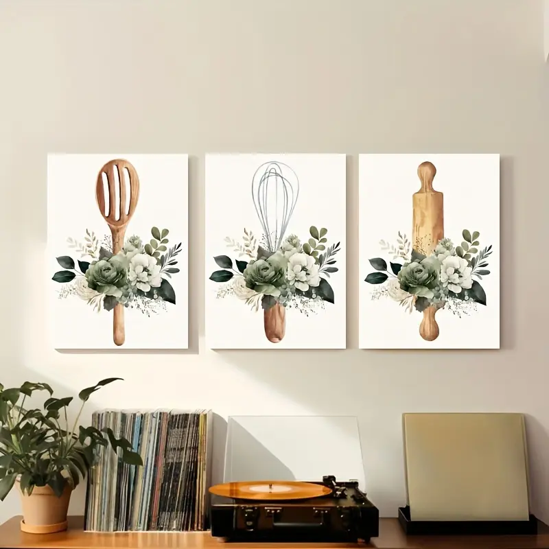 2-Piece Floral Kitchen Utensil Wall Art, Home Decor Hanging Poster Print for Kitchens, Ideal Gift for Bakers, Housewarming & Birthday Presents
