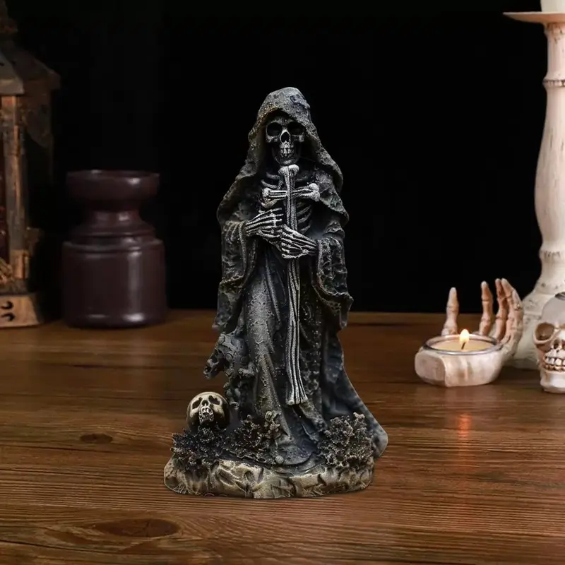 Gothic Skull Cross Figurine, Vintage Resin Decor Statue, Halloween Table Ornament for Bedroom, Living Room, Office, Shelf and Holiday Party Display