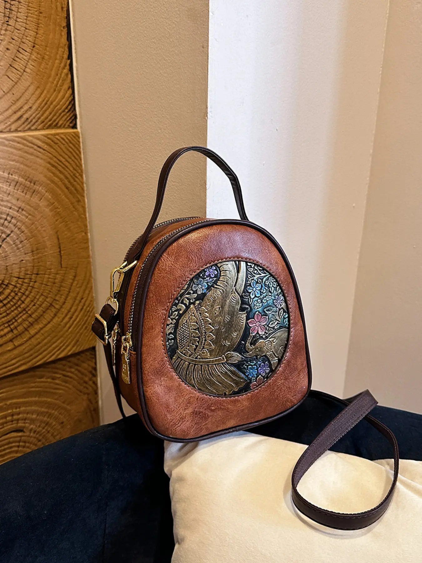 Vintage Floral Elephant Embossed Mini Backpack, Detachable Strap Crossbody Bag, Ethnic Style Portable Shoulder Bag, Versatile Daily Use