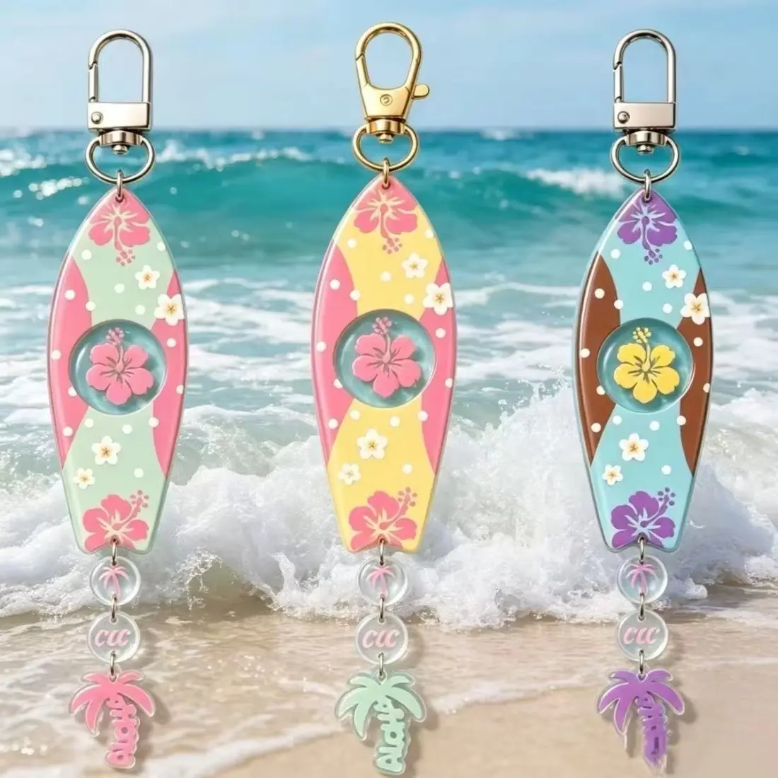 Hawaiian Surfboard Keychain Set, Tropical Acrylic Bag Charm with Hibiscus Flower & Palm Tree Design, Cute Surf Style Key Ring Accessories for Backpack, Handbag, Beach Vacation, Summer Travel & Gift