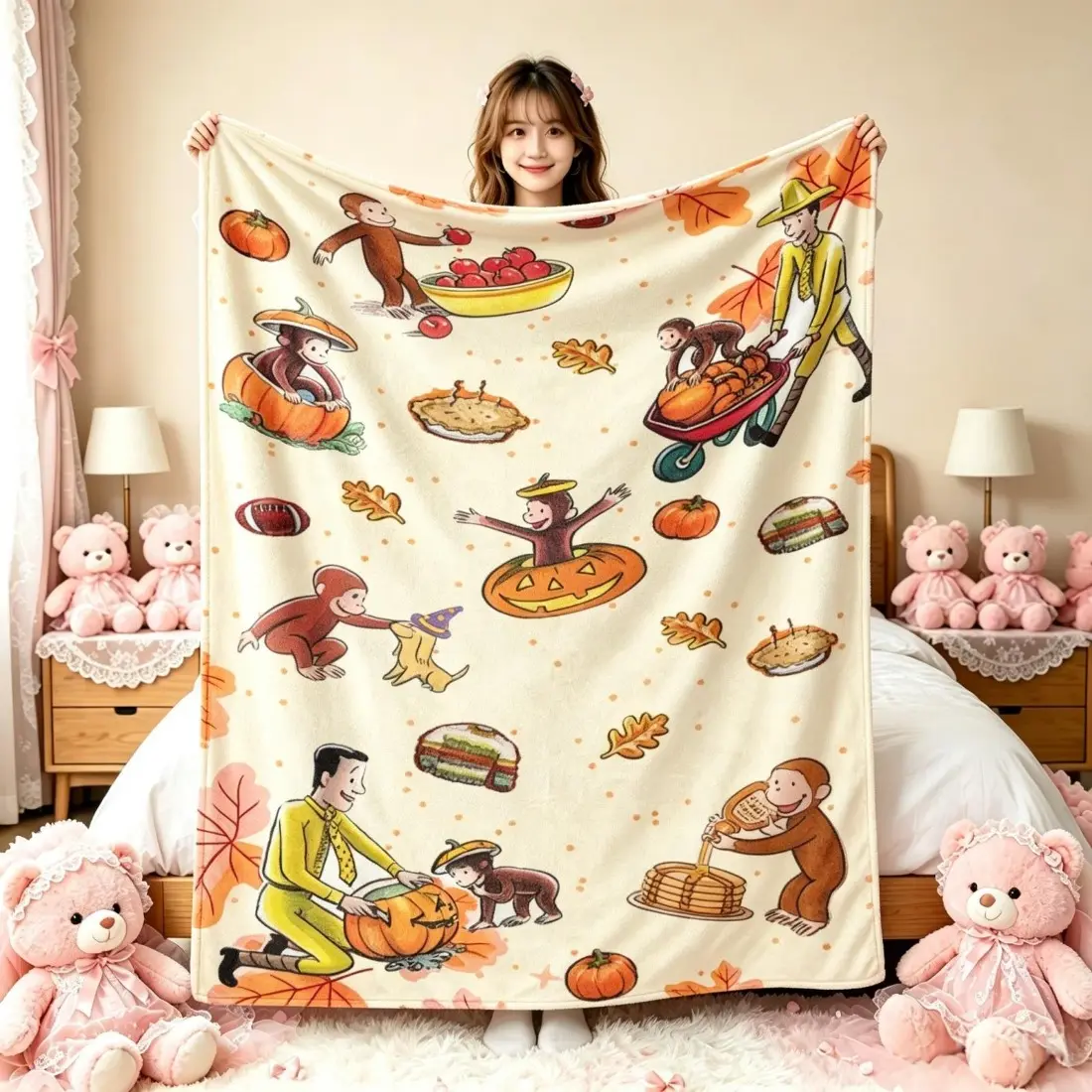 Classic Curious George Fall Harvest Flannel Throw Blanket, Pumpkin-Maple Leaf Cartoon Print, Soft Cozy Sofa Bed Cover, Ideal Thanksgiving Gift For Kids, Multi-Size