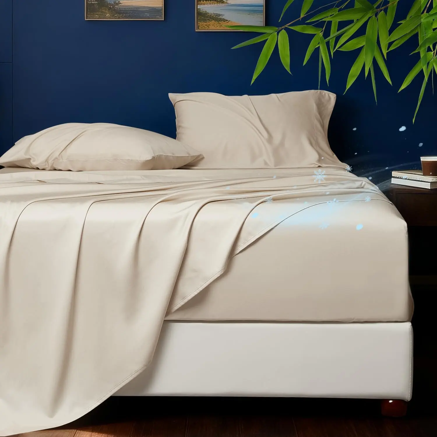Cooling Sheets  – Rayon Derived from , Silk Soft & Breathable,  Luxury Sheet Set, Extra Deep Pocket  Sheets Fits 18"–24" Thick Mattress- Beige