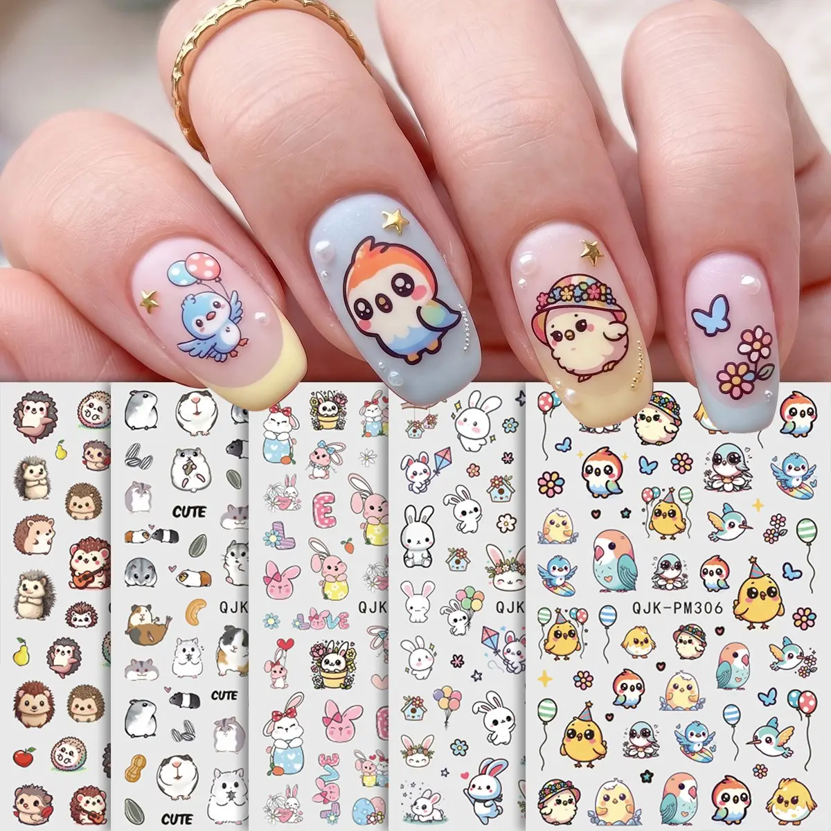 5pcs Cartoon 3D Nail Stickers Japanese Korean Comics Bird Rabbit Hedgehog Hamster Cute Patterns Nails Decals DIY Manicure Decoration
