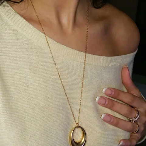 18k Plated Stainless Steel Geometric Oval Pendant Necklace, Minimalist Vintage Luxury Jewelry, Perfect for Daily Wear, Chain Necklaces
