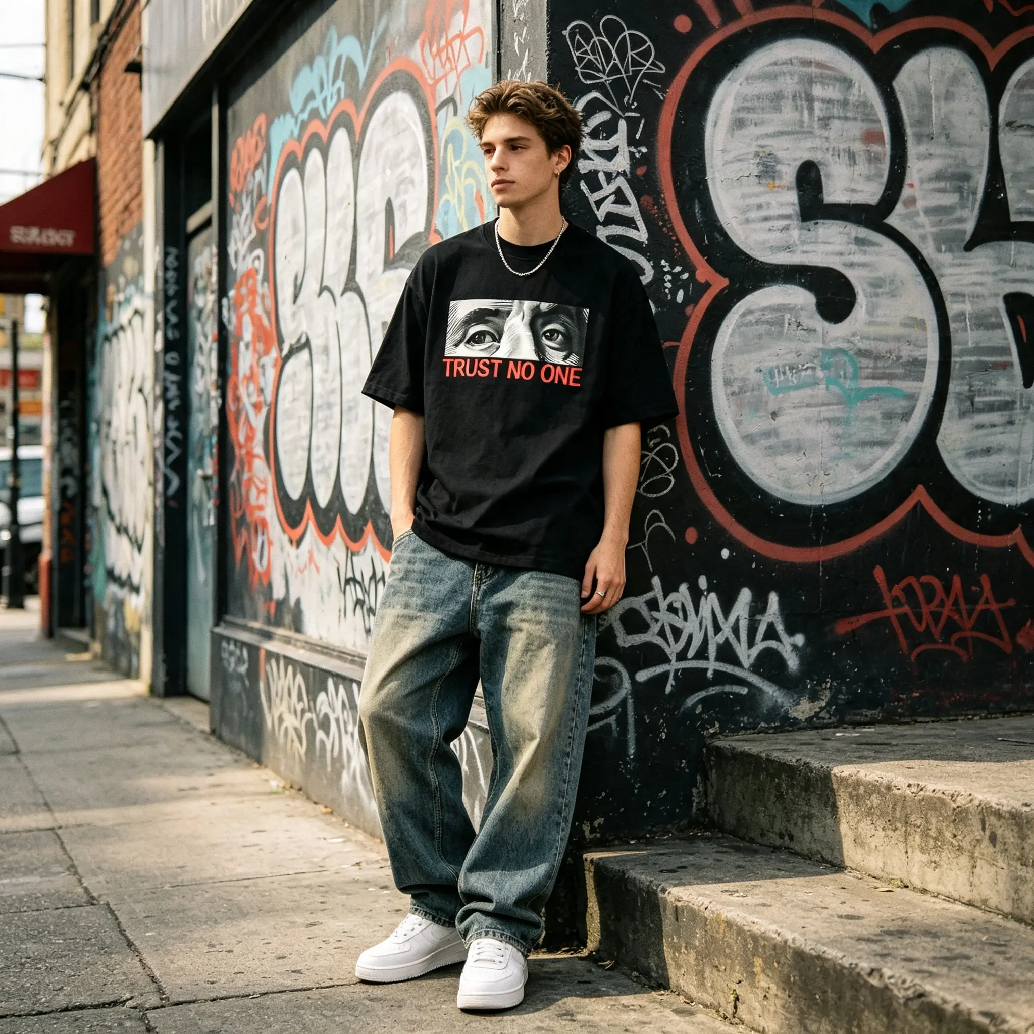 Unisex Vintage Graphic T-Shirt, "Trust No One" Eyes Print Cotton Short Sleeve Round Neck Casual All Season Streetwear Tee