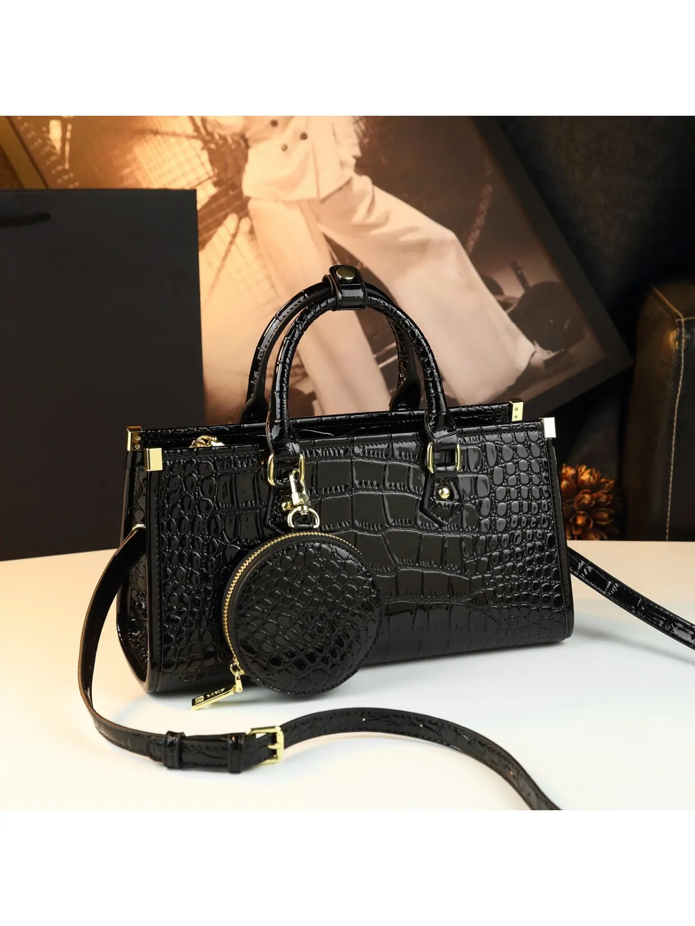 Luxury Crocodile Embossed Glossy Structured Tote Bag Large Capacity Business Commute Top Handle Purse Women Handbag Set with Matching Round Mini Coin Pouch