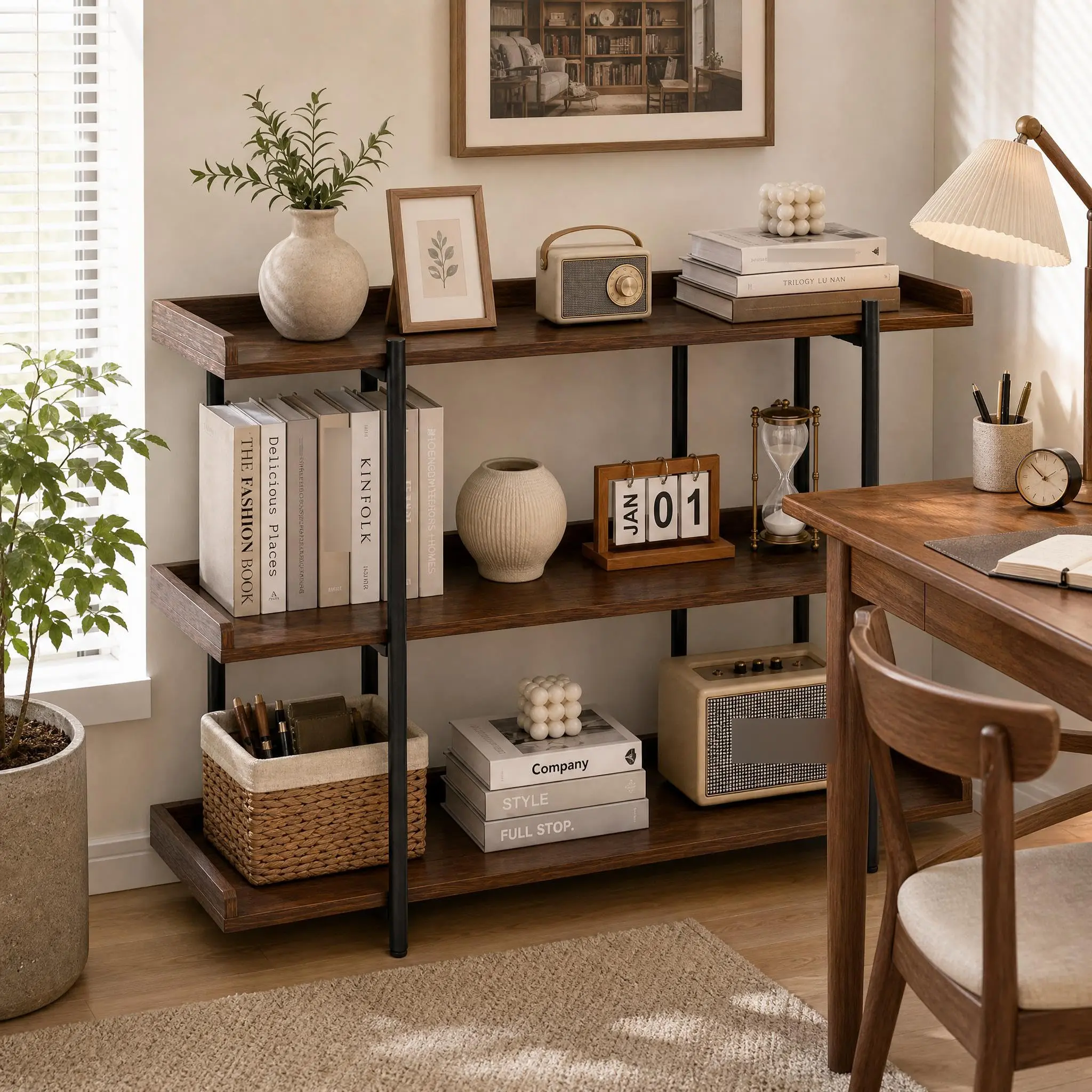 3 Tier Wide Bookshelf with Raised Edge Guard, Heavy Duty Metal Shelving Unit, Industrial Open Bookcase for Living Room, Bedroom, Kitchen, Home Office