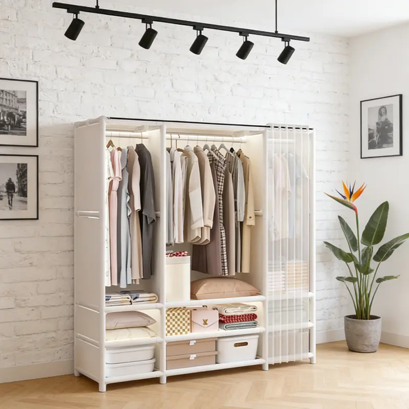 White Heavy Duty Metal Garment Rack with Sheer Dust Curtain, Freestanding Open Combination Clothes Wardrobe Organizer with Multi-tier Storage Shelves, Fabric Drawers & Woven Storage Baskets, Large Capacity Hanging Clothing Storage Unit for Bedroom, Small