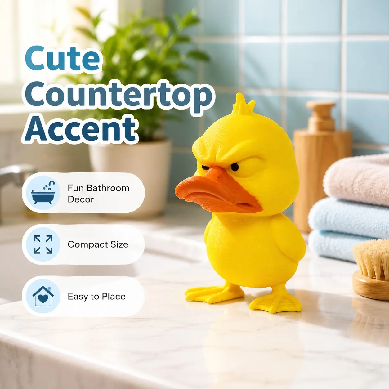 1 3D-printed cute duck figurine with wide-eyed expression; a charming, relaxed sitting duck statue—available in printed plastic. Perfect for home, office, Halloween, Christmas, Easter, Valentine’s Day, and Thanksgiving decorations.