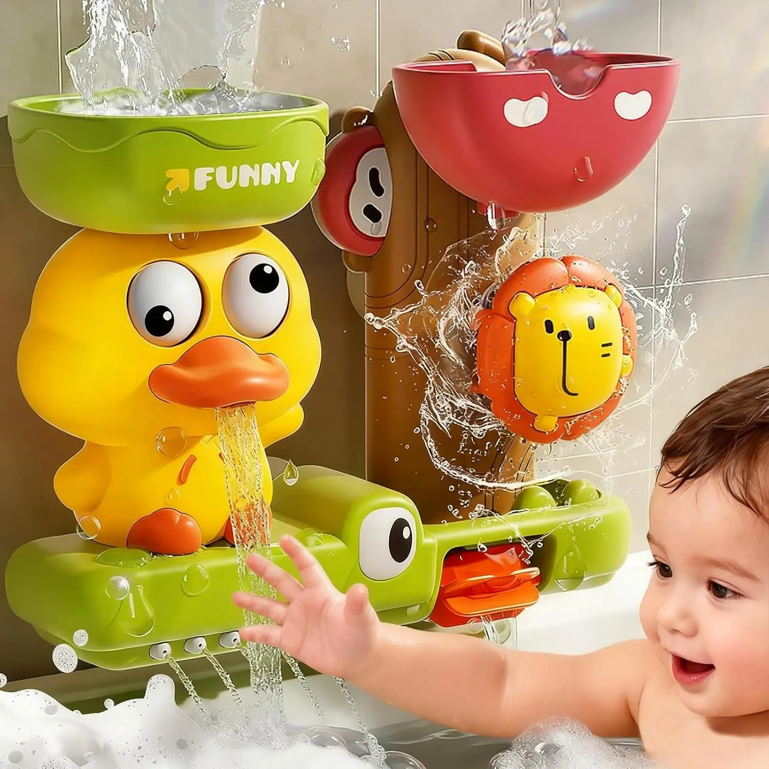 Toddler Safe Bath Toys - Interactive Colorful Animals Play Set with Spinning Lion, Duck Squirter, and 3 Suction Cups, Unisex Shower Gift
