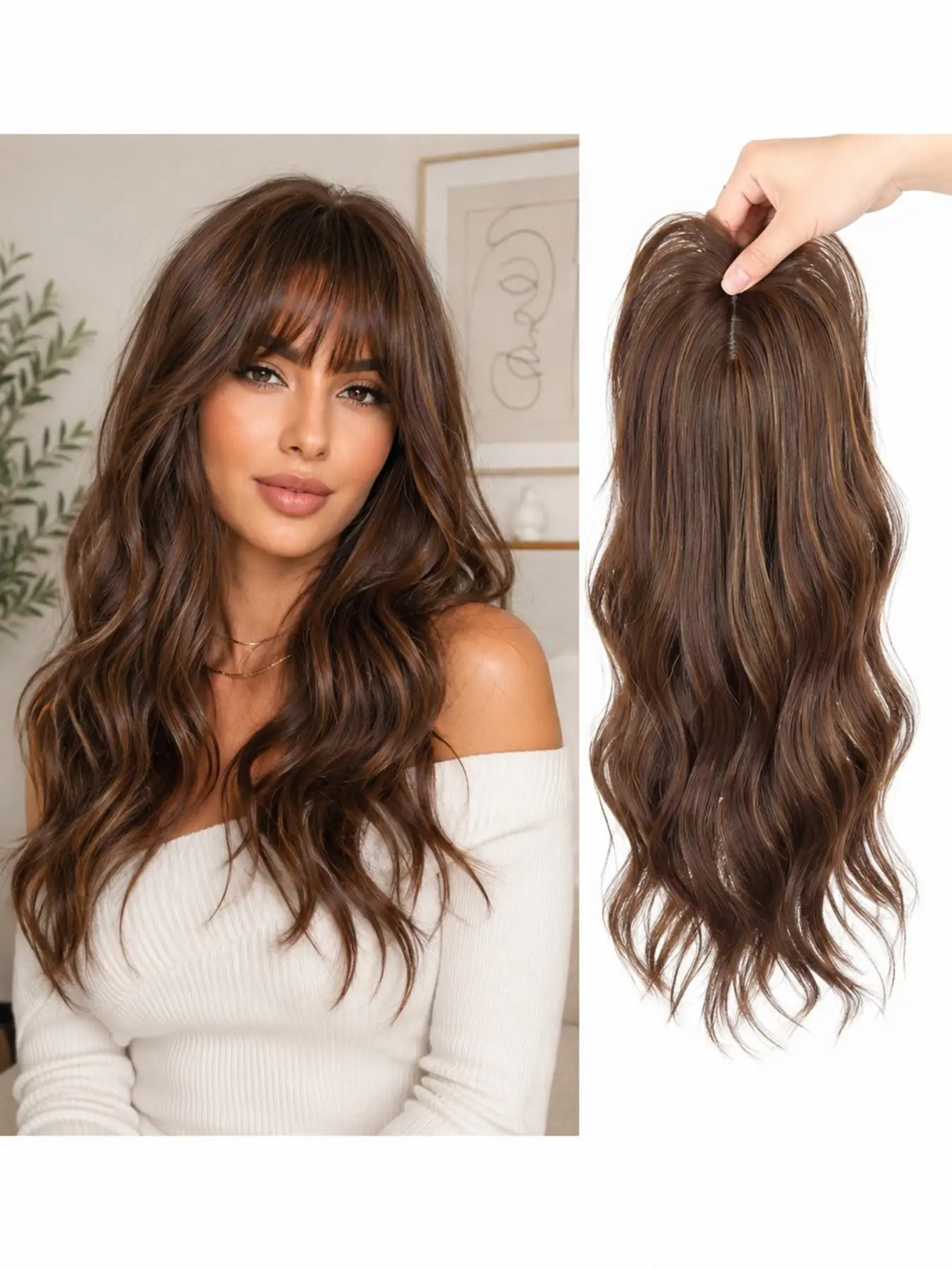 Clip In Hair Topper for Women Synthetic Volume Hairpiece with Airy Bangs Wavy Curly Hair Extension Hairline Coverage Instant Volume Boost Natural Looking Easy Wear Hairstyle Accessory