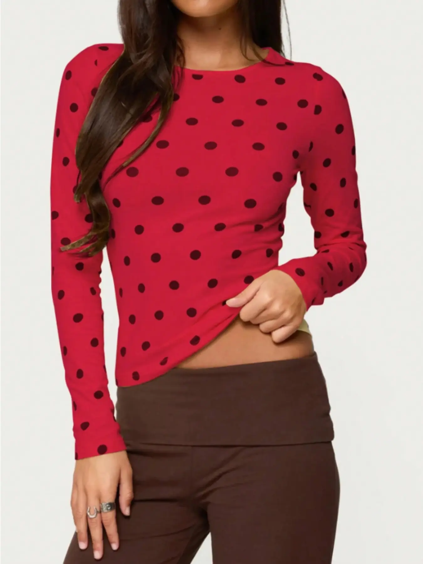 Women's Base Polka Dot Long Sleeve T-Shirt, Slim Fit Casual Top, Vintage Elastic Waist Design, Perfect for Fall & Winter