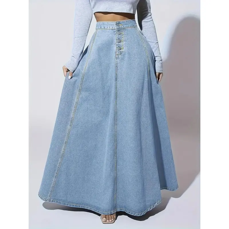 Elegant Washed Denim Skirt, High Rise Button Fly A-line Maxi Skirt, Women's Clothing