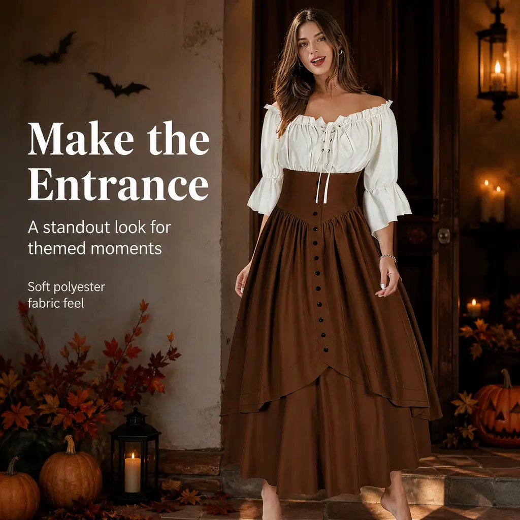 Women's 2-Piece Polyester Renaissance Peasant Costume Set - Off-Shoulder Ruffle Blouse, High-Waist Plain Layered Long Skirt - Adult Medieval Retro Outfit for Halloween Cosplay, Themed Parties