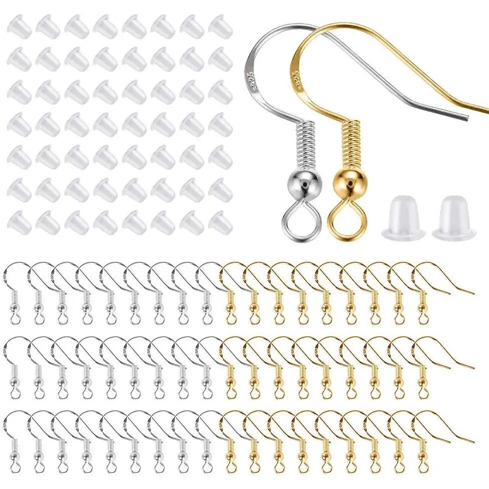 200 PCS/100Pairs 925 Sterling Silver and Gold Earring Hooks,Hypo-allergenic Fish Earring Hooks Earwires for DIY Jewelry Making Supplies with 200 PCS Soft Silicone Earring Backs