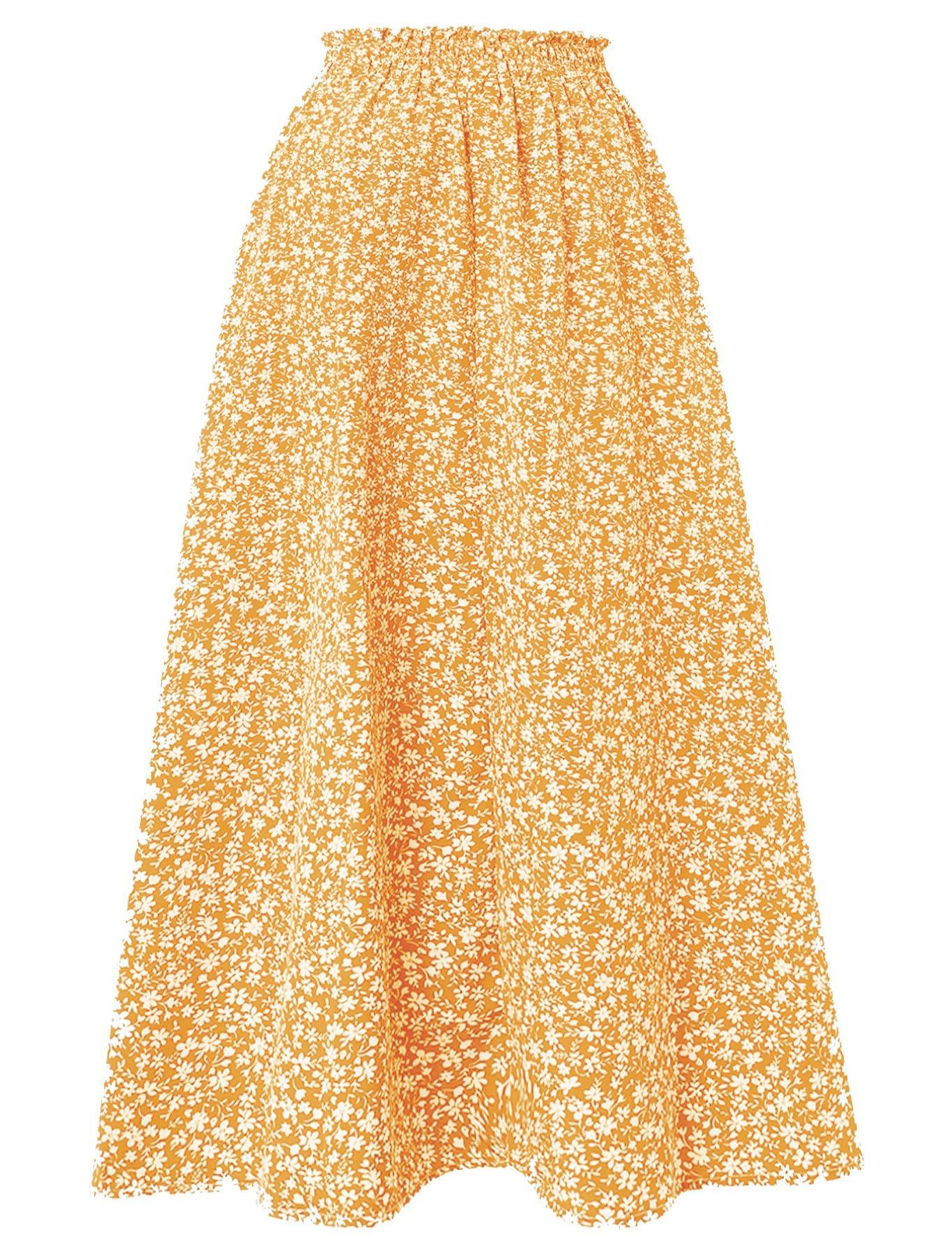 Women's Plain / Ditsy Floral Print Paper Bag Waist A Line Skirt, Boho Pocket High Waist Midi Skirt for Beach Vacation Holiday, Ladies Bottoms for All Seasons