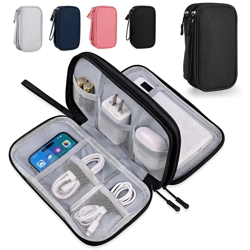 Travel Cable Organizer Pouch - Compact, Waterproof Cloth Double-Layers Storage Bag with Secure Zipper, Comfortable Hand Strap, Travel Ready Portable Electronic Accessories Case for Cables, Chargers, Phones, Power Banks (Ideal Gift for Men)#SummerWins