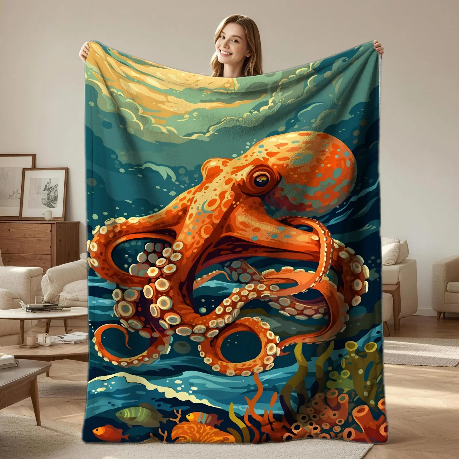 Octopus Marine Print Flannel Blanket, Soft Warm Throw Blanket, Lightweight Cozy Warm Blanket for Sofa Bed Couch Beach, Unique Digital Sea Creature Print Gift Blanket for Ocean Lovers, Comfortable All Season Home Decor Blanket as Holiday Birthday Present