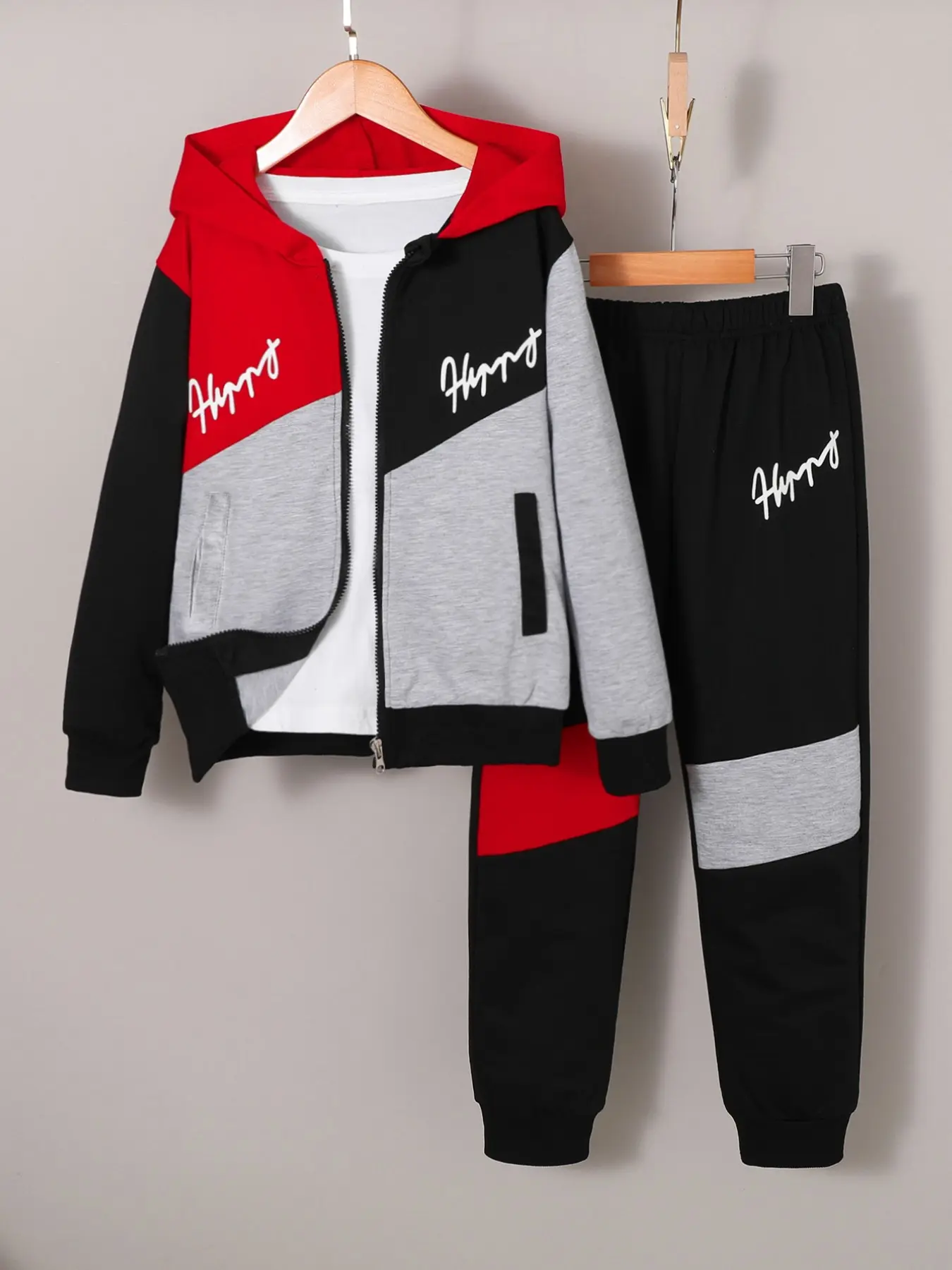 Fall Winter Letter Print Hooded Long Sleeve Sweatshirt and Pants Set, Boys' Medium Large Casual Sports, 2-Piece Set
