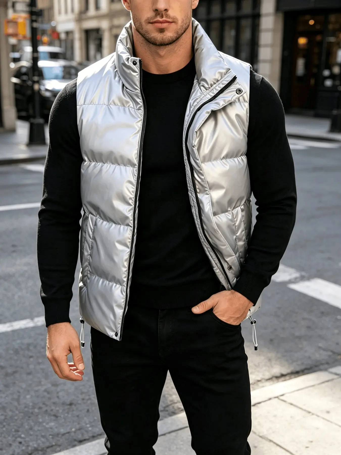 Men's Shiny Cotton Vest, Stand‑collar Sleeveless Quilted Vest, Zipper Winter Warm Lightweight Jacket, Button Windproof Hem Drawstring