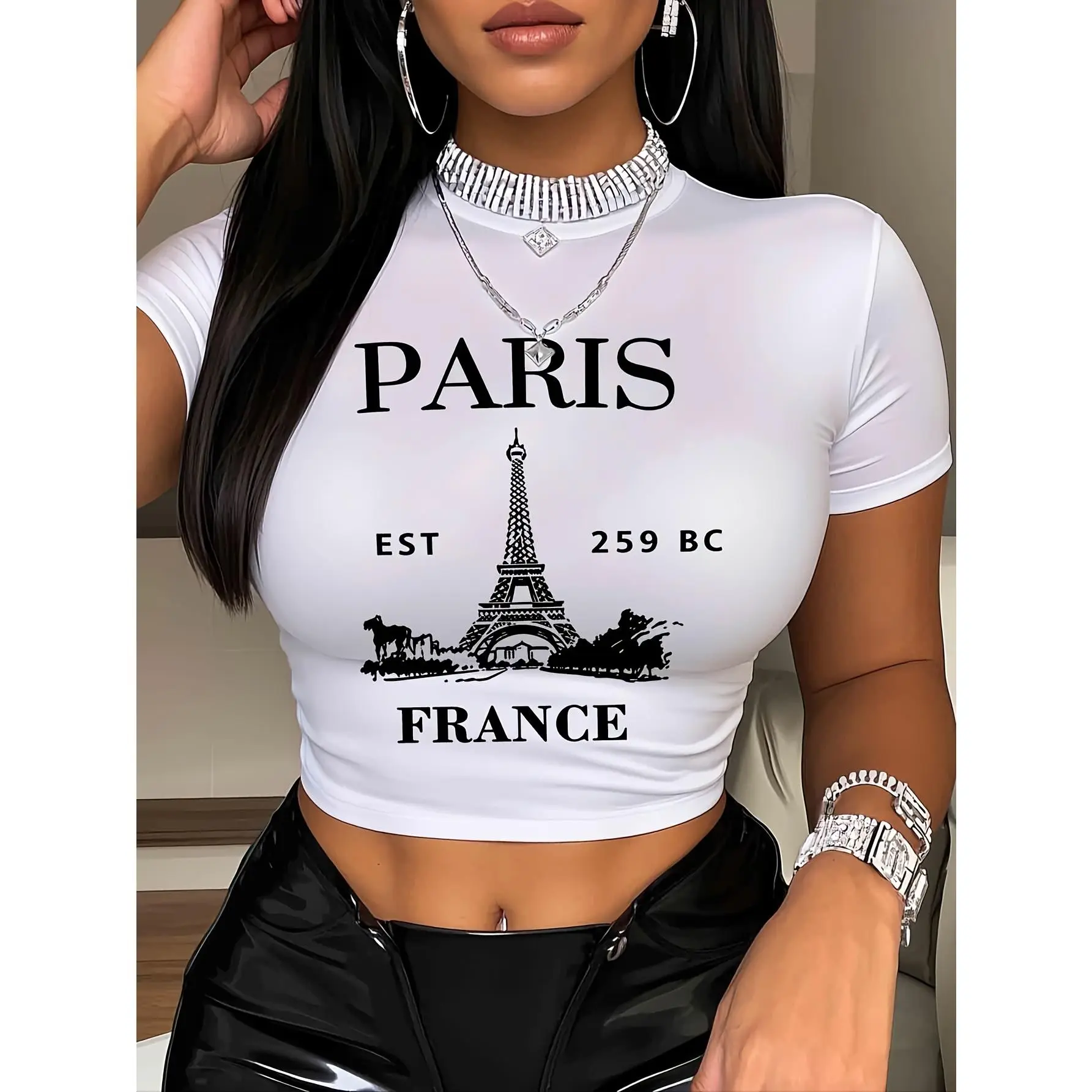 Eiffel Tower Art Letter Print - Y2K Style | Women'S Casual Fashion Slim Fit Solid Color Detail Waist Ruffle Pullover Crew Neck Short Sleeve T-Shirt XS-XXL