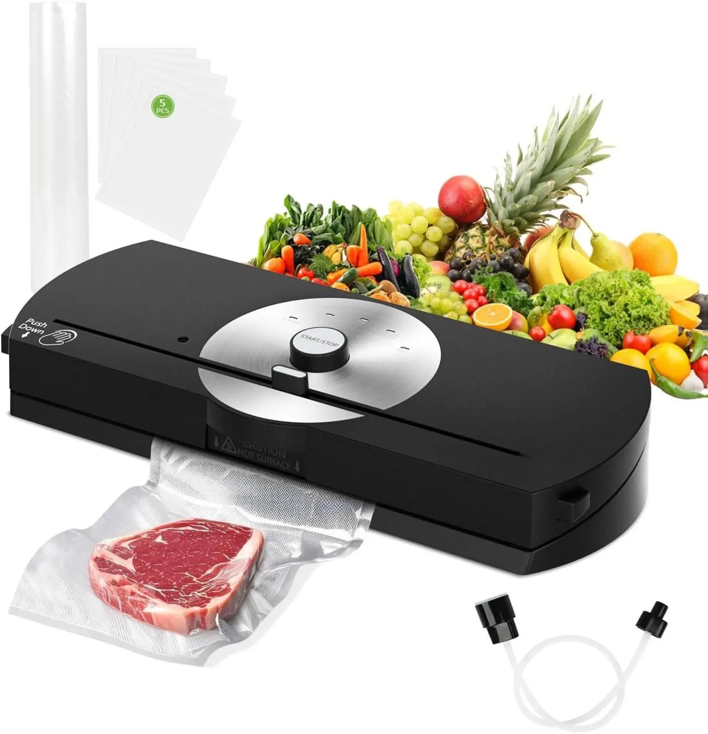 MAXVINI Vacuum Sealer Machine for Food 65KPA Powerful Compact Sealer with Built-in Cutter & Starter Kit One-Touch Operation Moist Dry Pulse Canister Modes LED Indicator