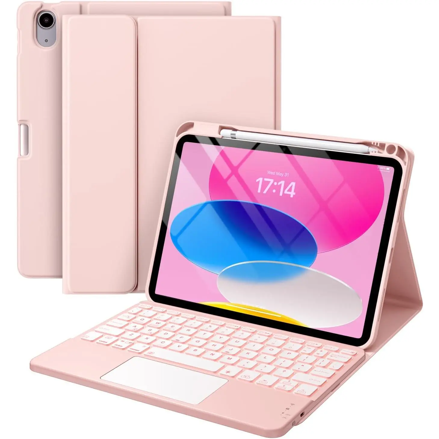 Compatible for iPad 11th 10th Generation Case with Keyboard, Folio Cover with Pencil Holder, Multi-Touch Trackpad, 7 Color Backlit, Detachable Keyboard for iPad (A16) 11th/10th Gen(Light Pink)| with Pencil Holder
