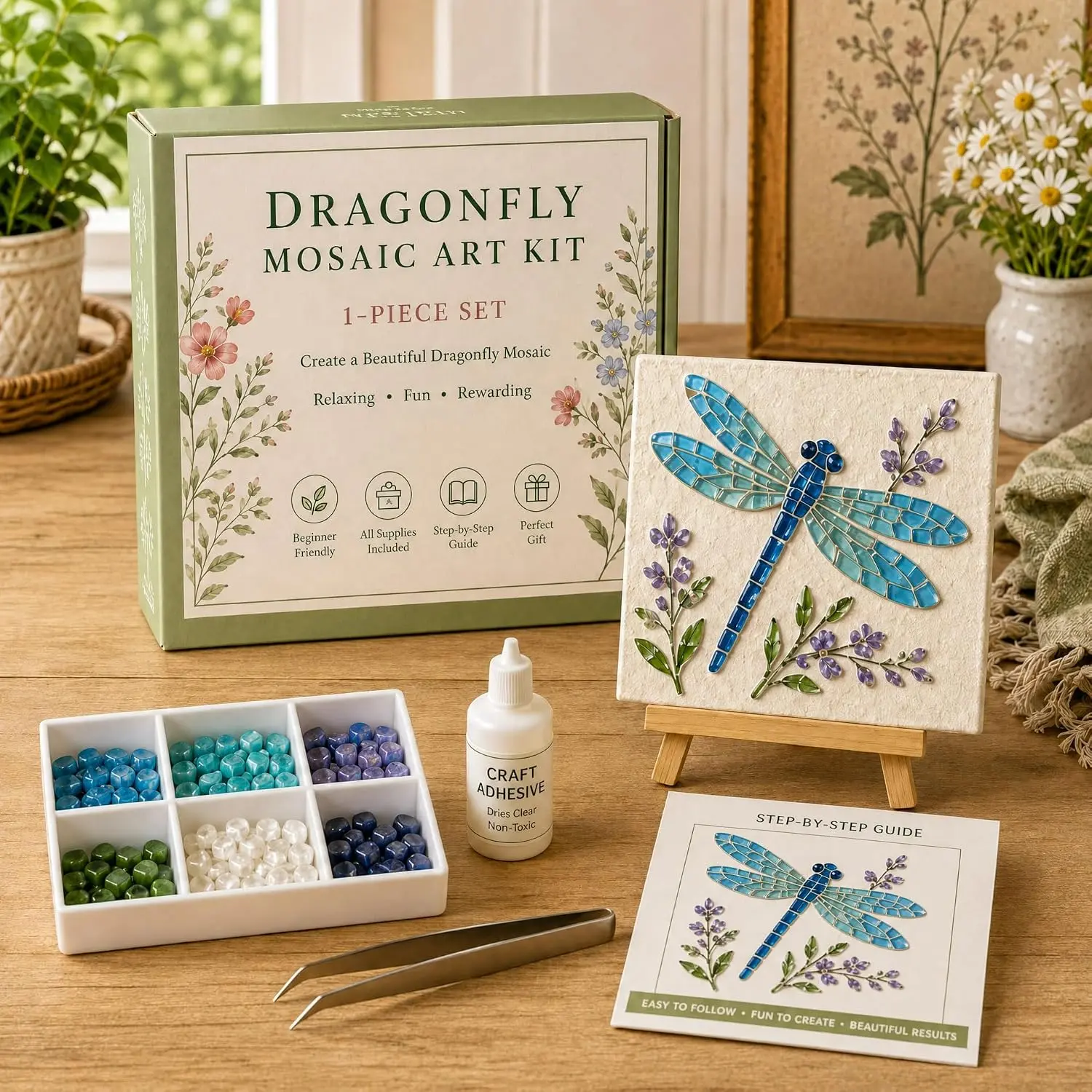 ZevBubzen DIY Sea Glass Mosaic Art Kit, Sea Glass Art Kit (K-Dragonfly) |   DIY Beautiful Ocean & Garden Inspired Artwork with Colorful Glass Pieces, Coastal Home Decor & Creative Handmade Gift Adults