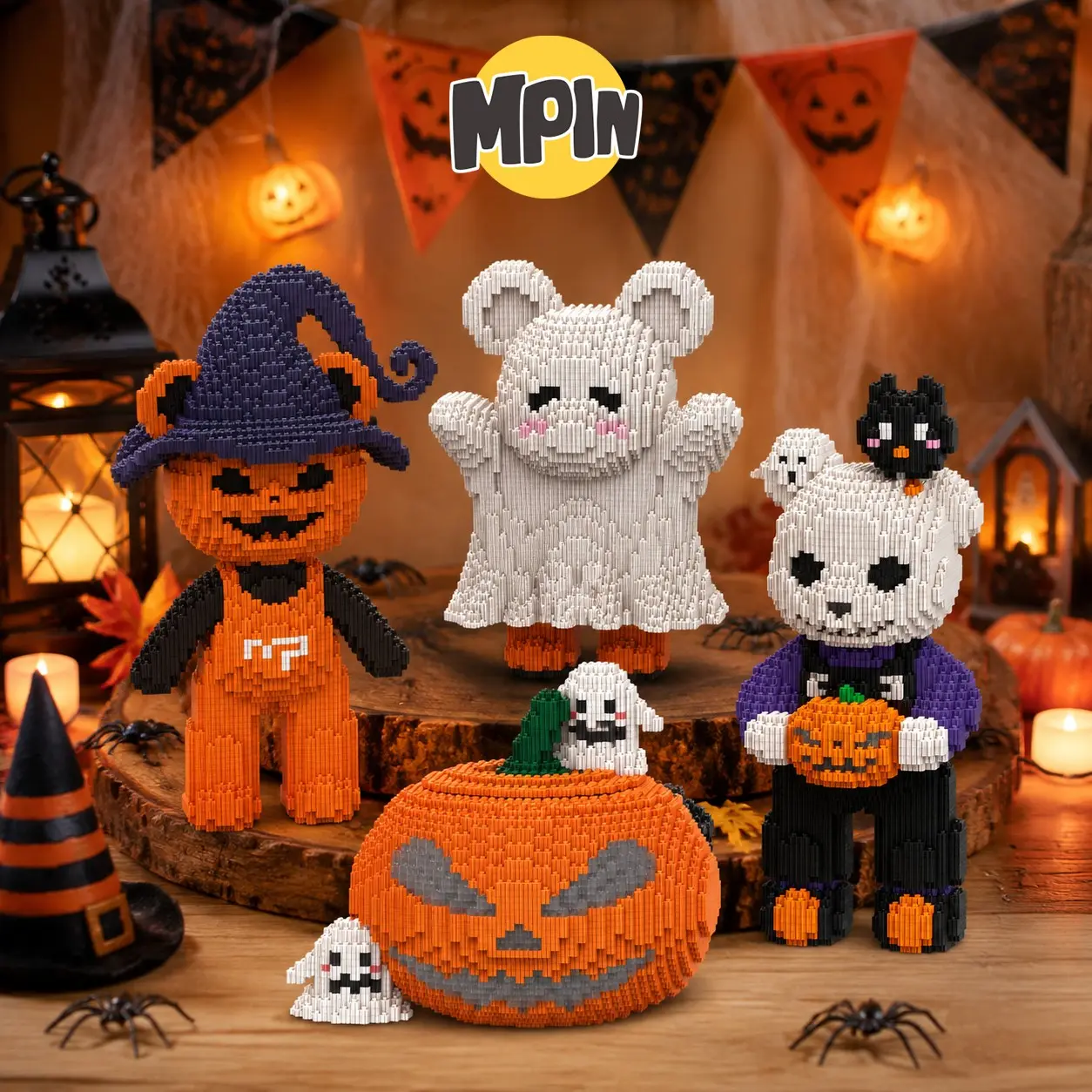 Halloween Themed Bear Building Blocks Toy, Creative Building Blocks, Cute Decorative Gift for Boys and Girls, Unique Home Decor for Halloween Celebration