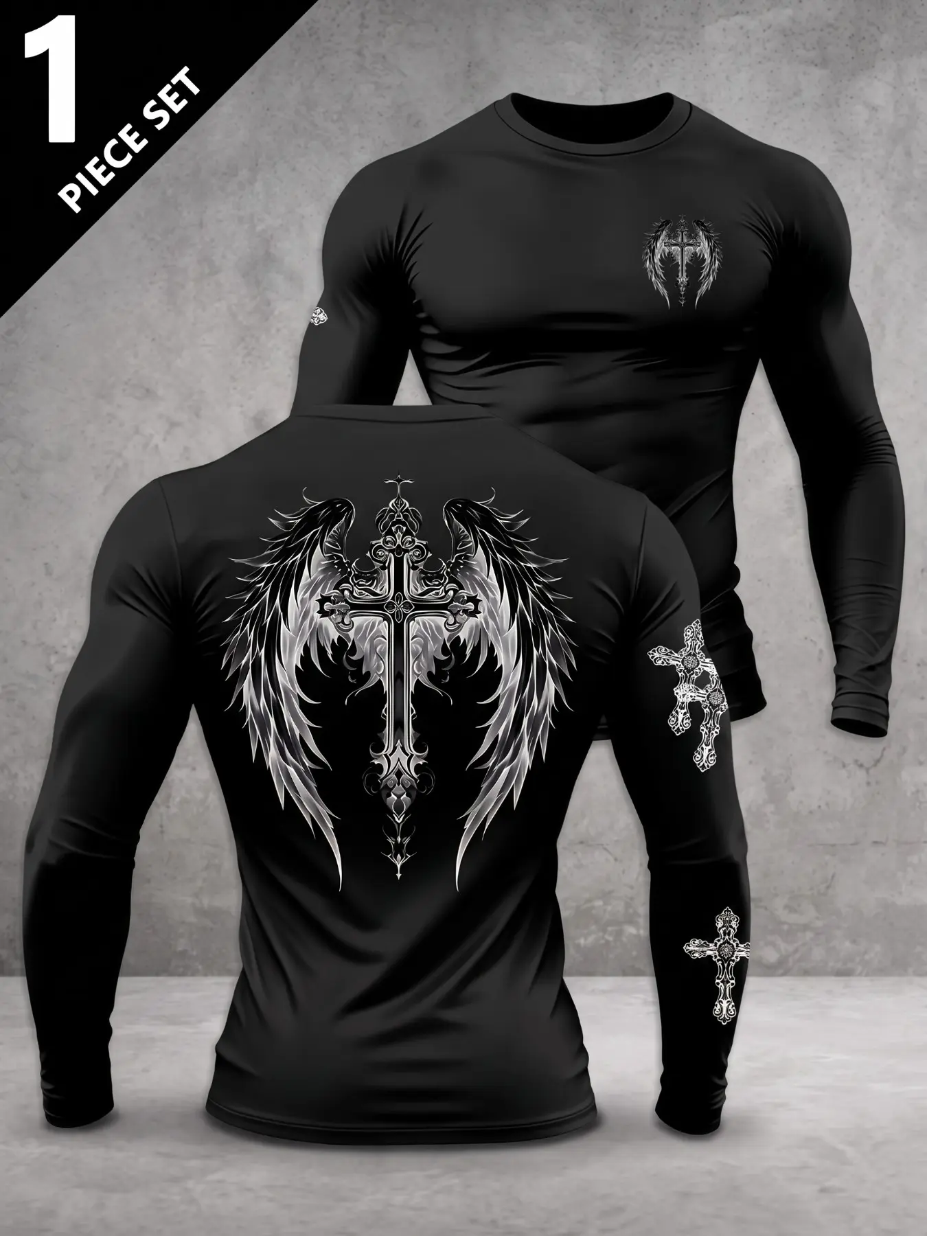1 PIECE SET Polyester Men Slim Fit Crew Neck Long Sleeve T-Shirt, Y2K Wing Cross Gothic Front Back & Sleeve Graphic Compression Tee, Sport Punk Streetwear Tops, men clothing, menswear clothing, accessories for men, ropa caballero hombre, For Spring Fall W
