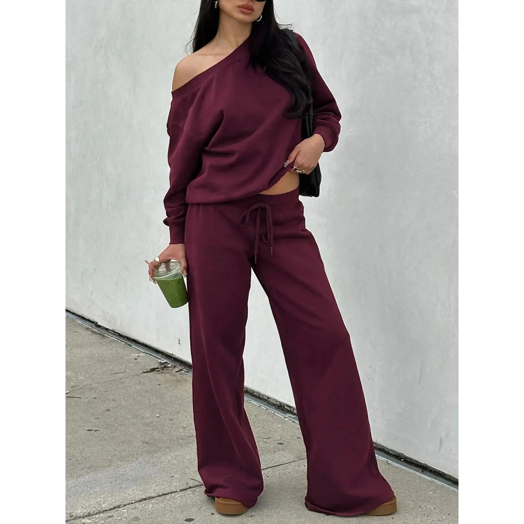 Women's Off the Shoulder Long Sleeve Jumper & Pants, 2 Piece Set Casual Fall Basic Sweatsuit Outfits, Jumper Suit, Womenswear, Sweatshirt, Clothes, Lady