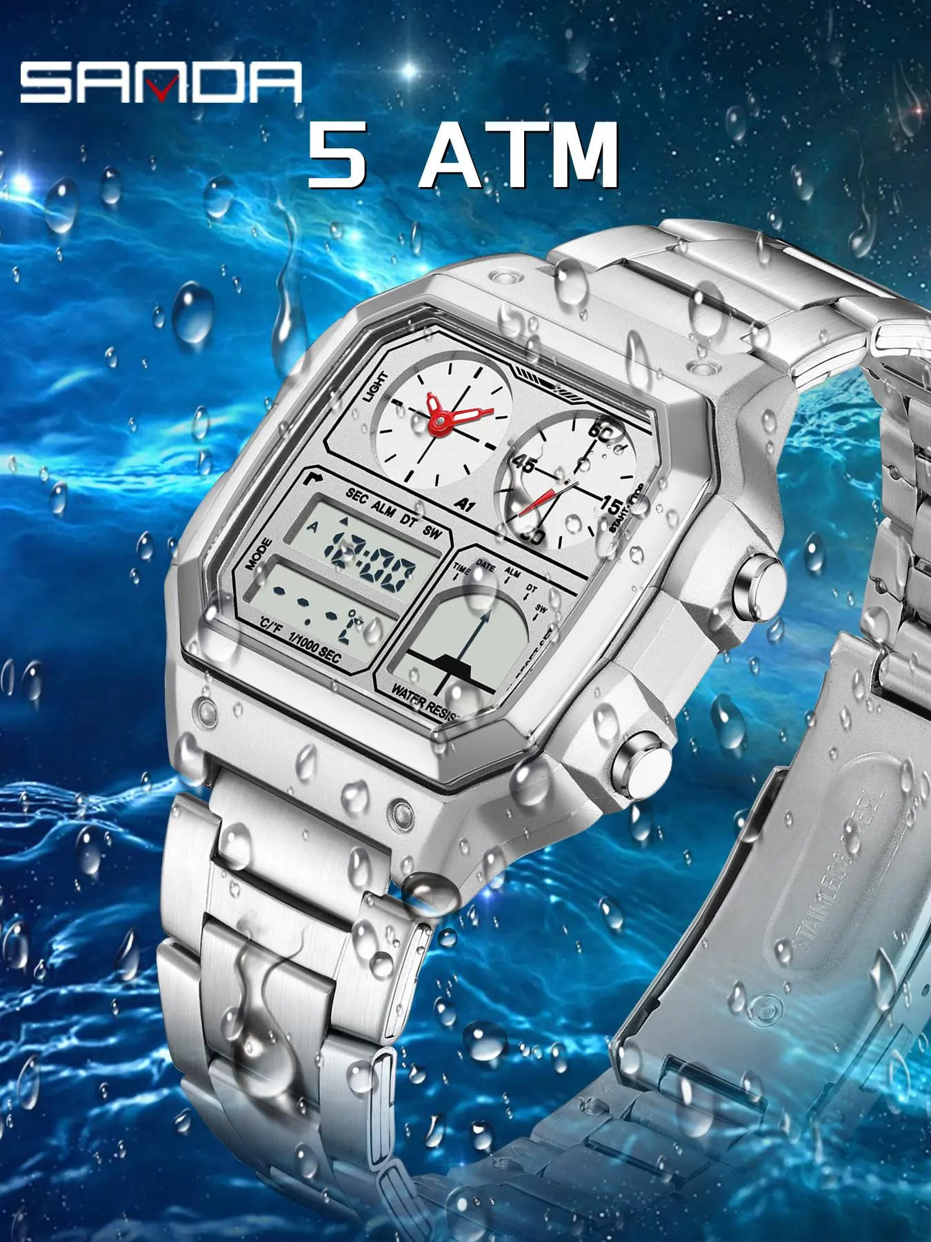Sanda Men's Luxury Sports Alarm Clock Watch, Multi-Functional Waterproof 5atm Temperature Measurement, Electronic Wristwatch for Fitness, Digital Watch, Water Resistant Wristwatch, Multifunctional Wristwatch, Sporty Waterproof Watch