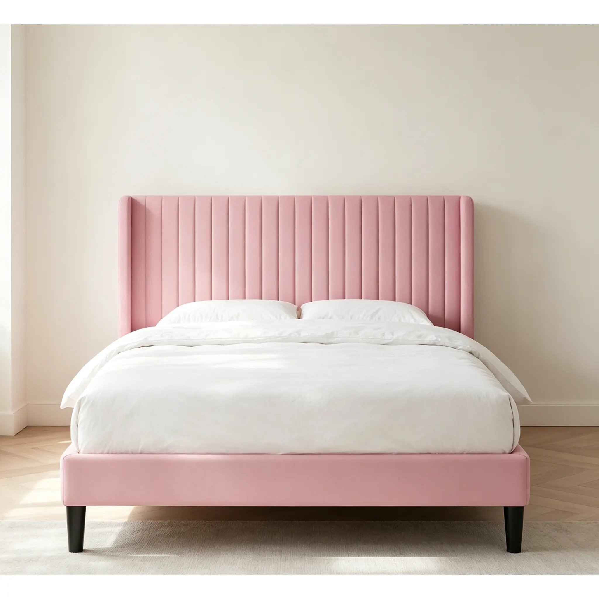 Full Size / Large / Extra Large Velvet Bed Frame| Vertically Channel Tufted Wingback Headboard with Upholstery| Padded Panel Bed| Sturdy Solid Wood Slat Base| No Box Spring Required| Easy Assembly| Grey