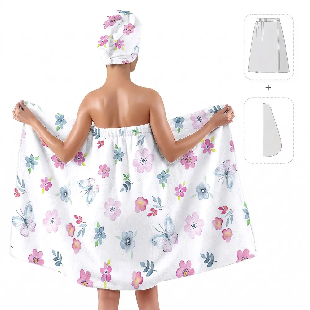 2pcs Watercolor Floral Butterfly Print Bath Towel Set, Adjustable Buckle, Ultra-Fiber, Multi-Use, Ideal for Women, Gifts, All Seasons