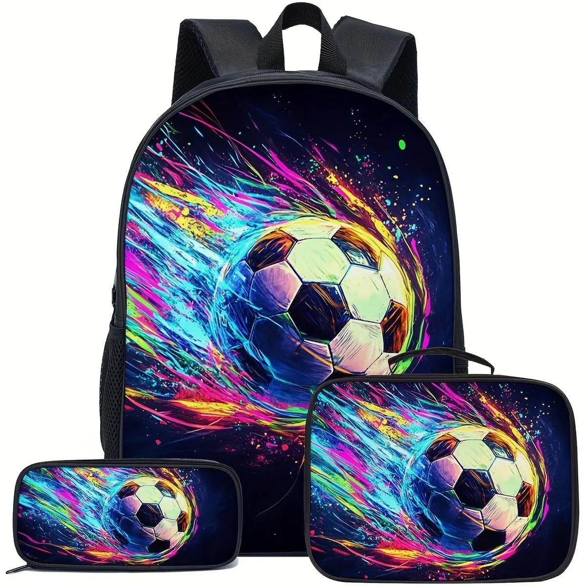 3-Piece Soccer Backpack Set for Kids, Neon Galaxy Football School Bookbag with Lunch Bag & Pencil Case, Back to School Travel Bag for Boys and Girls