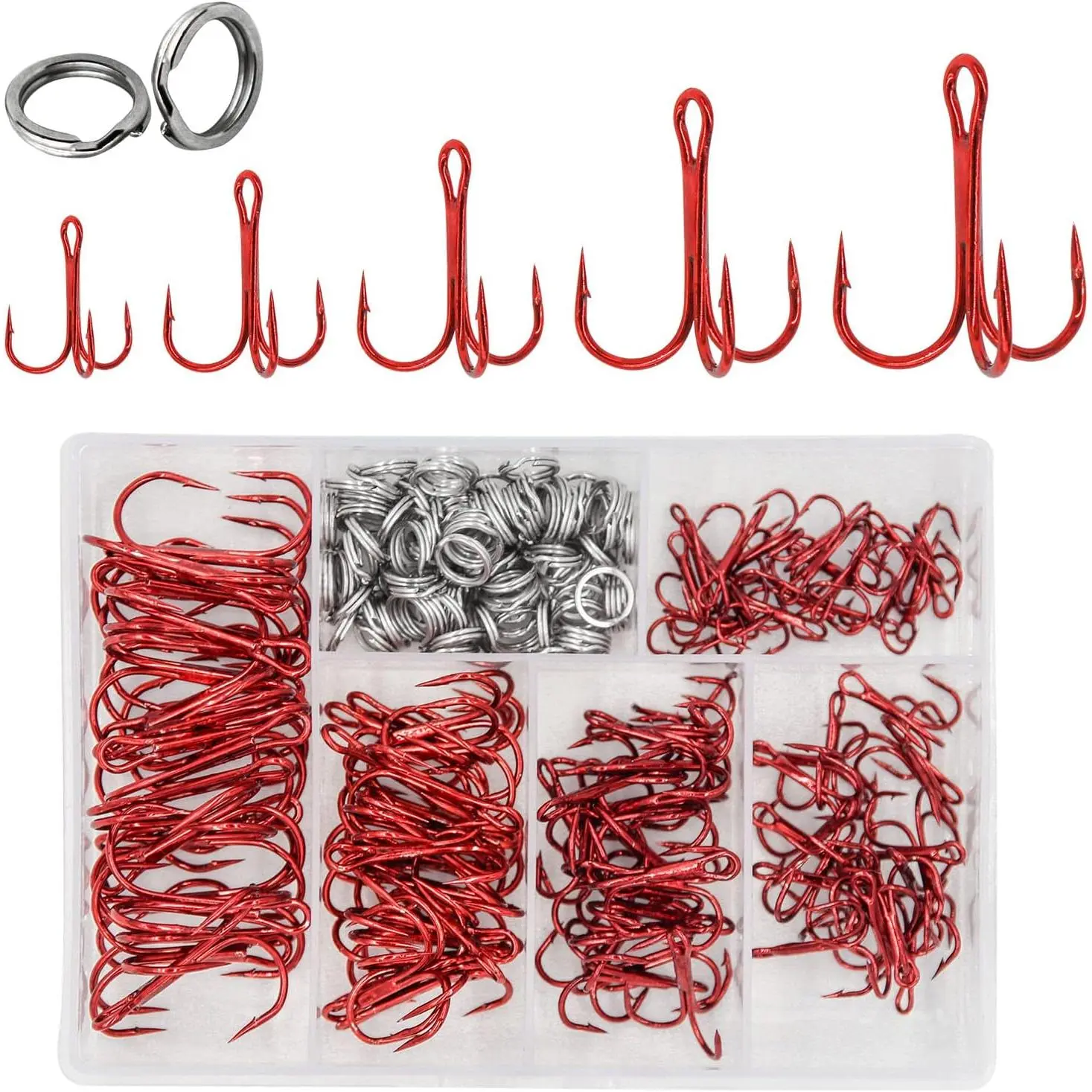200 Pack Fishing Treble Hooks Kit High Carbon Steel Hooks   Round Bend with Split Rings for Lures Baits Saltwater Freshwater Fishing Size 2# 4# 6# 8# 10#